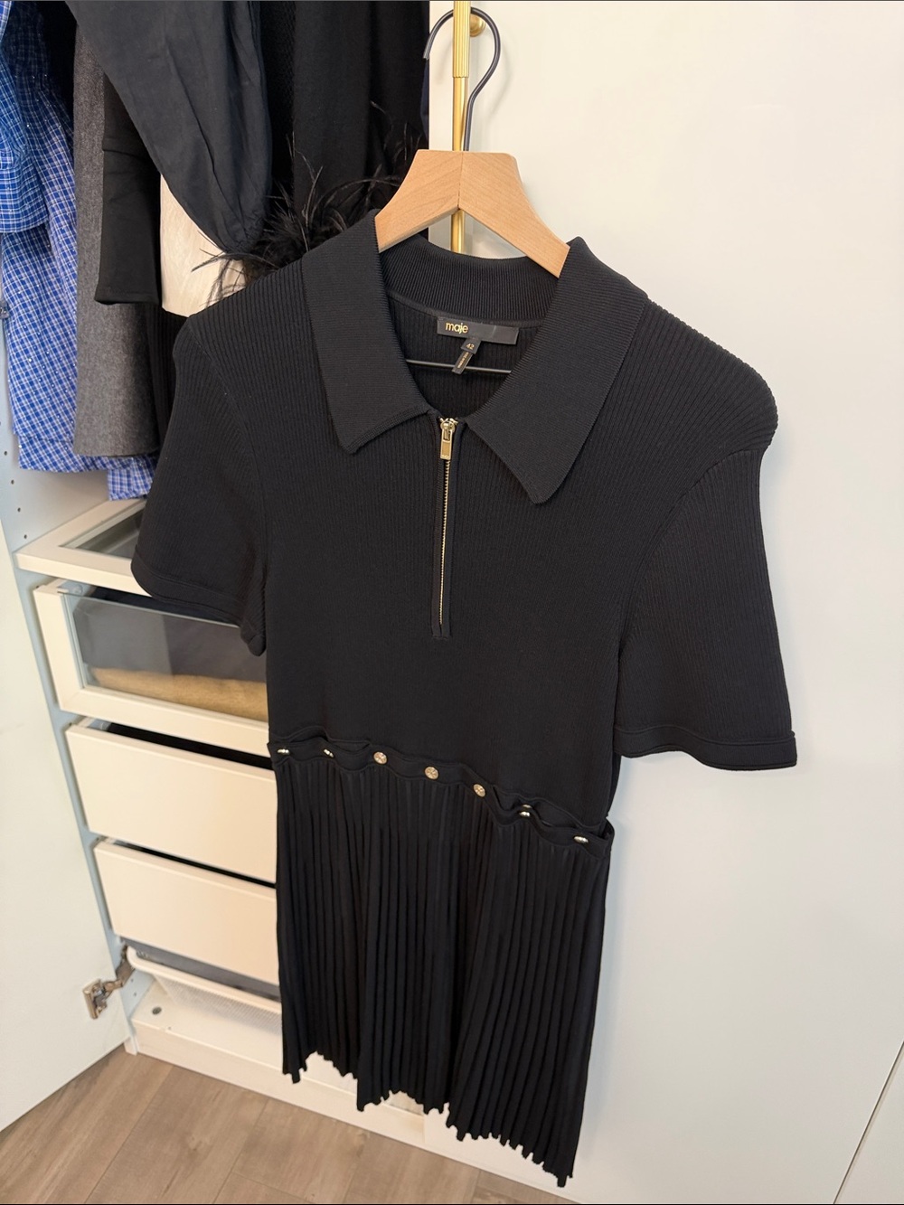 Maje Black Short Sleeve Polo Knit Mini Dress